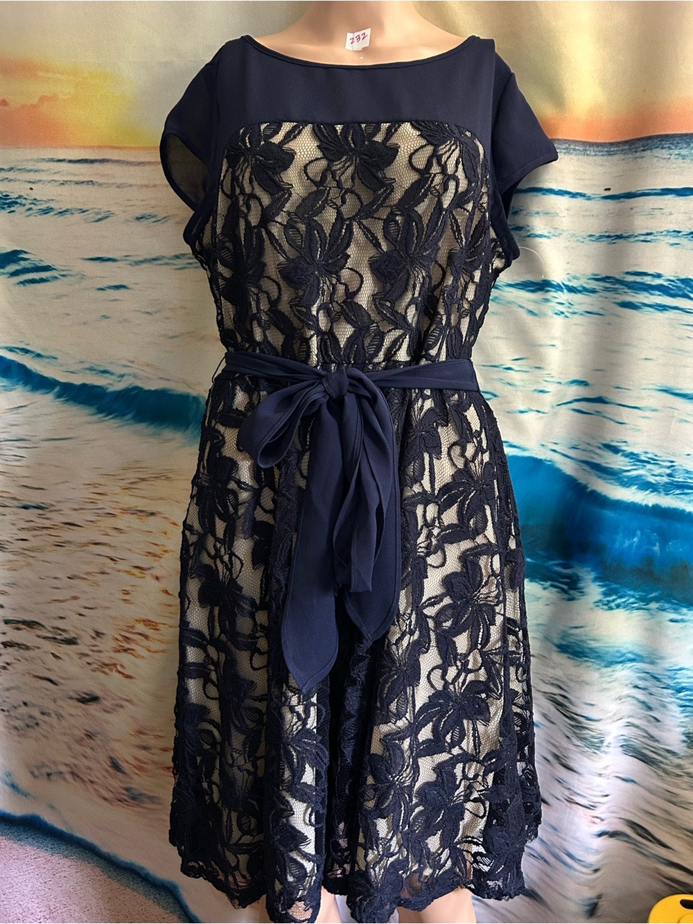 Julian Taylor Women’s Navy Lace Overlay Belted Dress 14P NWT
